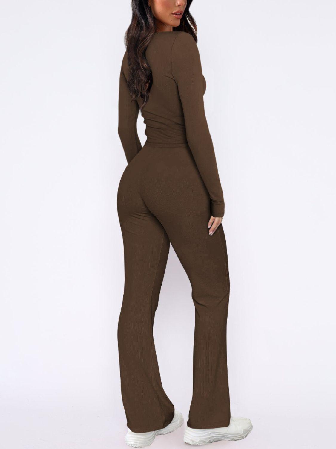 V-Neck Long Sleeve Top and Pants Set - Trendy by Luna