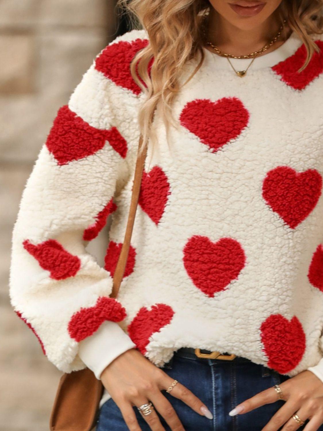 Fuzzy Heart Dropped Shoulder Sweatshirt - Trendy by Luna