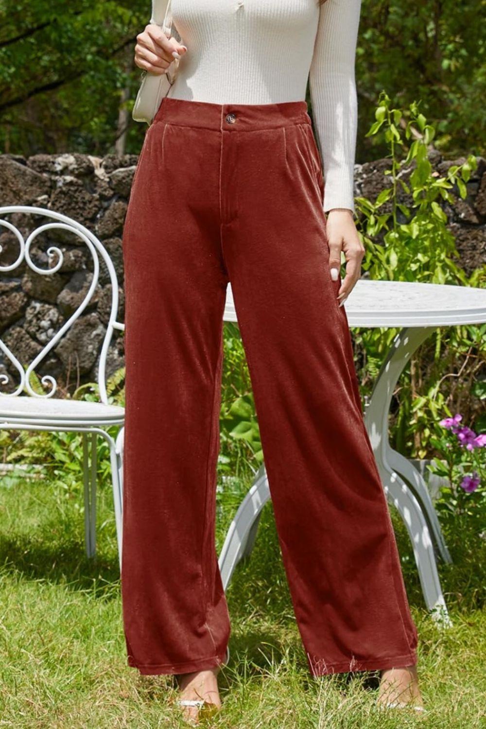 Velvet Wide Leg Pants with Pockets - Trendy by Luna