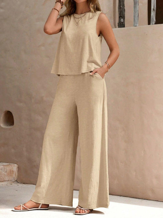 Round Neck Sleeveless Top and Wide Leg Pants Set - Trendy by Luna