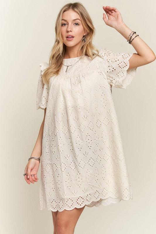 ADORA Ruffled Eyelet Round Neck Dress - Trendy by Luna