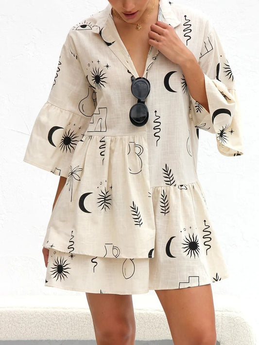 Printed Collared Neck Three-Quarter Sleeve Mini Dress