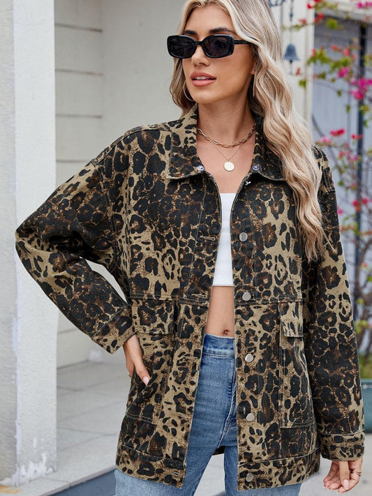 Leopard Button Up Drop Shoulder Denim Jacket - Trendy by Luna