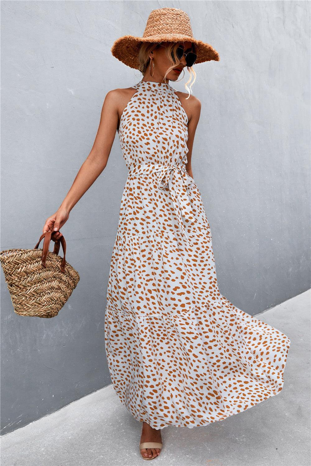 Printed Sleeveless Tie Waist Maxi Dress - Trendy by Luna