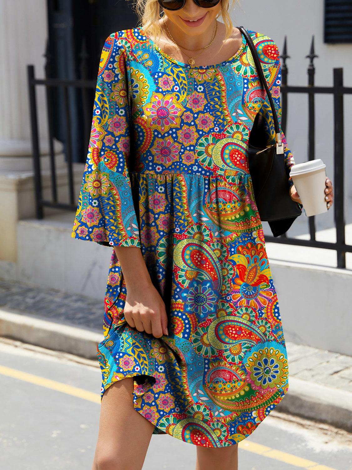 Paisley Print Round Neck Three-Quarter Sleeve Dress - Trendy by Luna