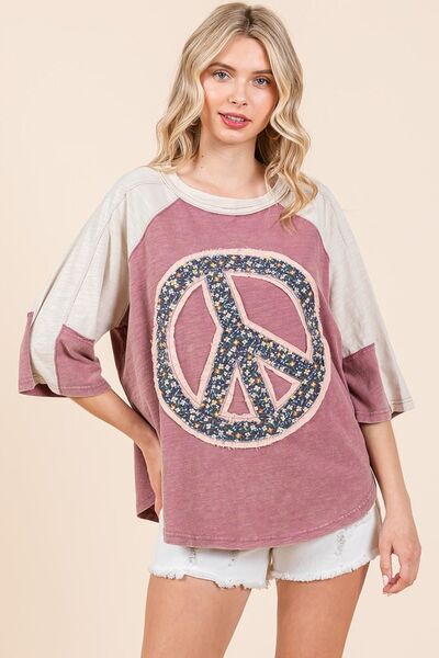 Peace Sign Patch Mineral Washed T-Shirt - Trendy by Luna