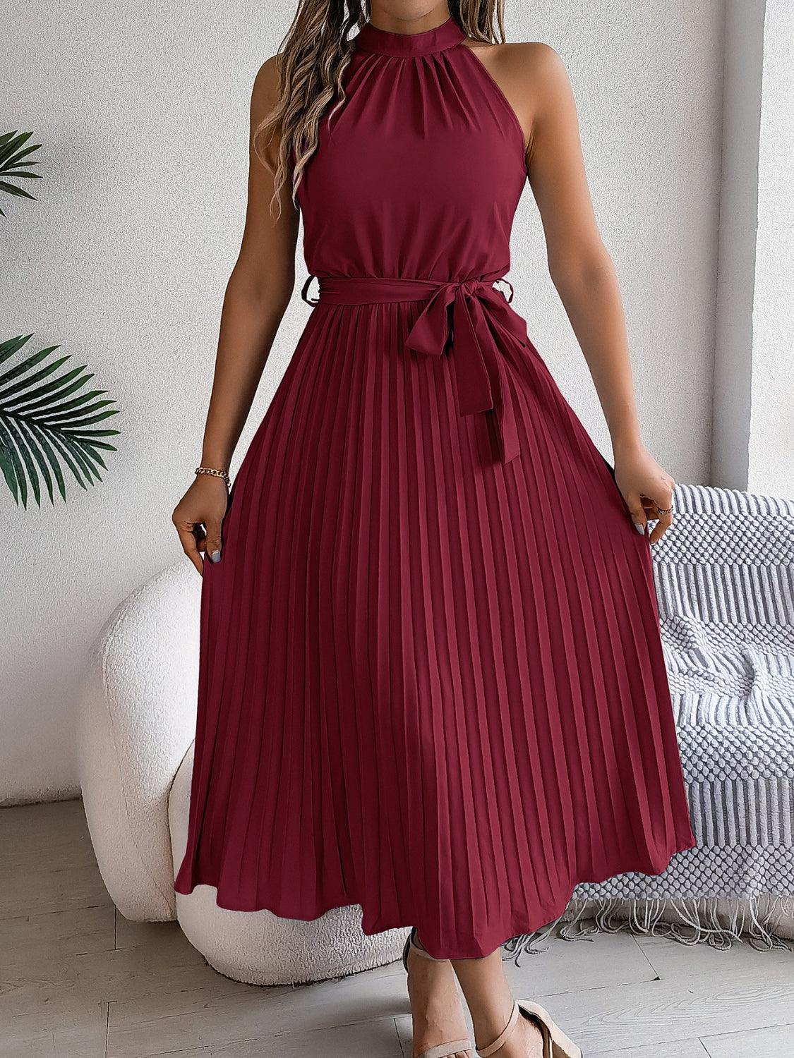 Pleated Tie Waist Sleeveless Midi Dress - Trendy by Luna