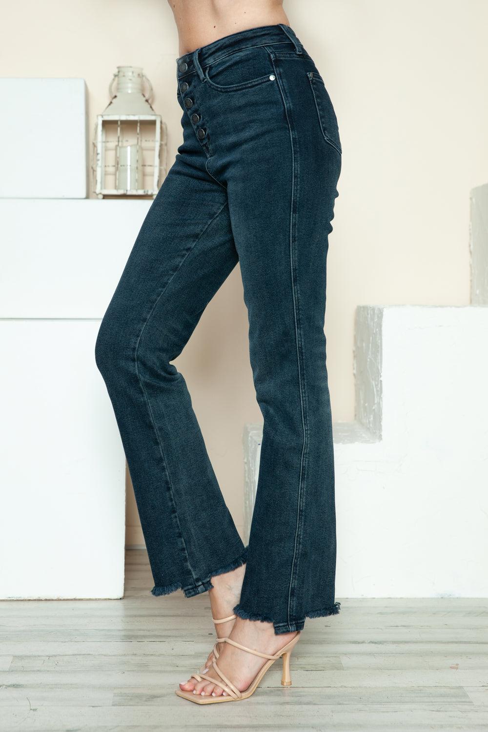 Button Fly Hem Destroy Straight Jeans - Trendy by Luna