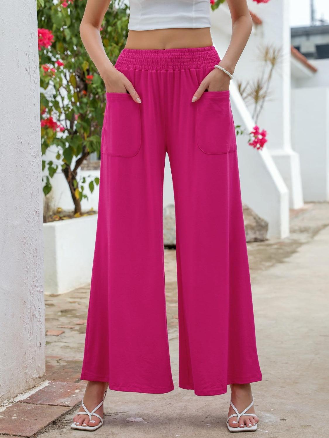 Pocketed Elastic Waist Wide Leg Pants - Trendy by Luna