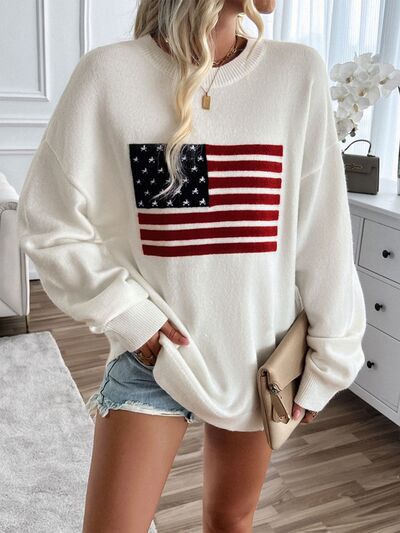 Devine US Flag Round Neck Long Sleeve Knit Top - Trendy by Luna