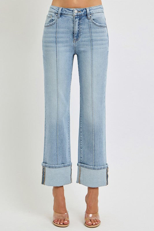 Plus Size Ankle Straight Leg Cuffed Jeans