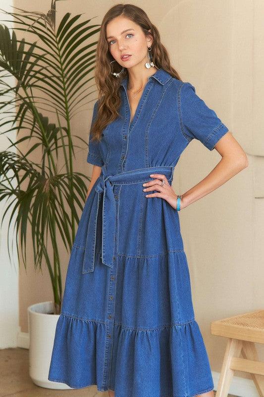 Tiered Button Down Tie Waist Short Sleeve Denim Dress - Trendy by Luna