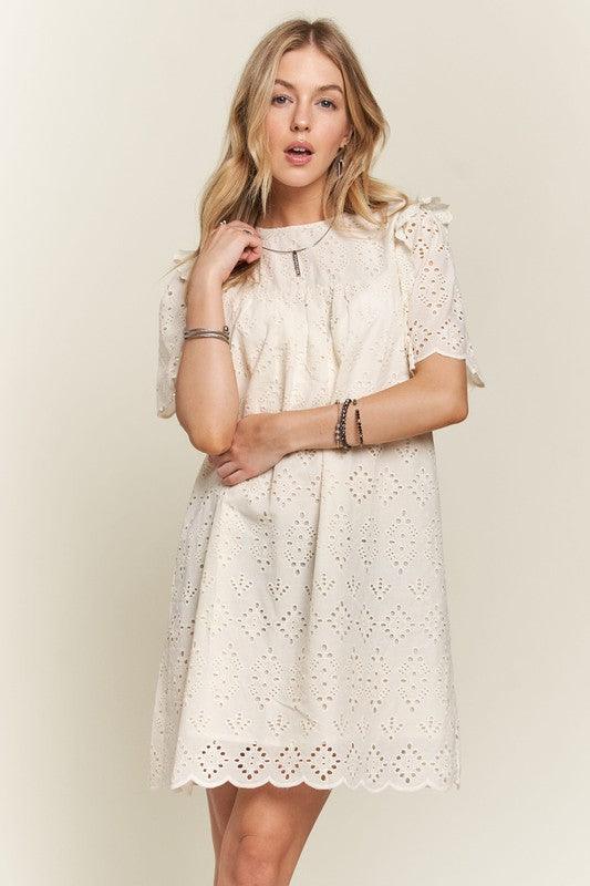 ADORA Ruffled Eyelet Round Neck Dress - Trendy by Luna