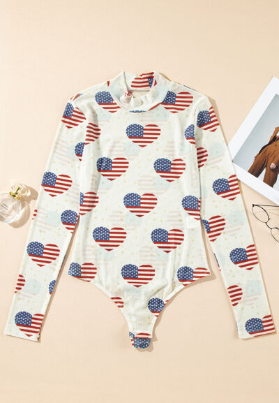 US Flag Heart Mock Neck Long Sleeve Bodysuit - Trendy by Luna