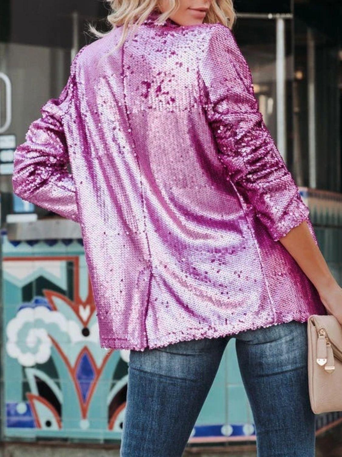 Sequin Lapel Collar Long Sleeve Blazer - Trendy by Luna