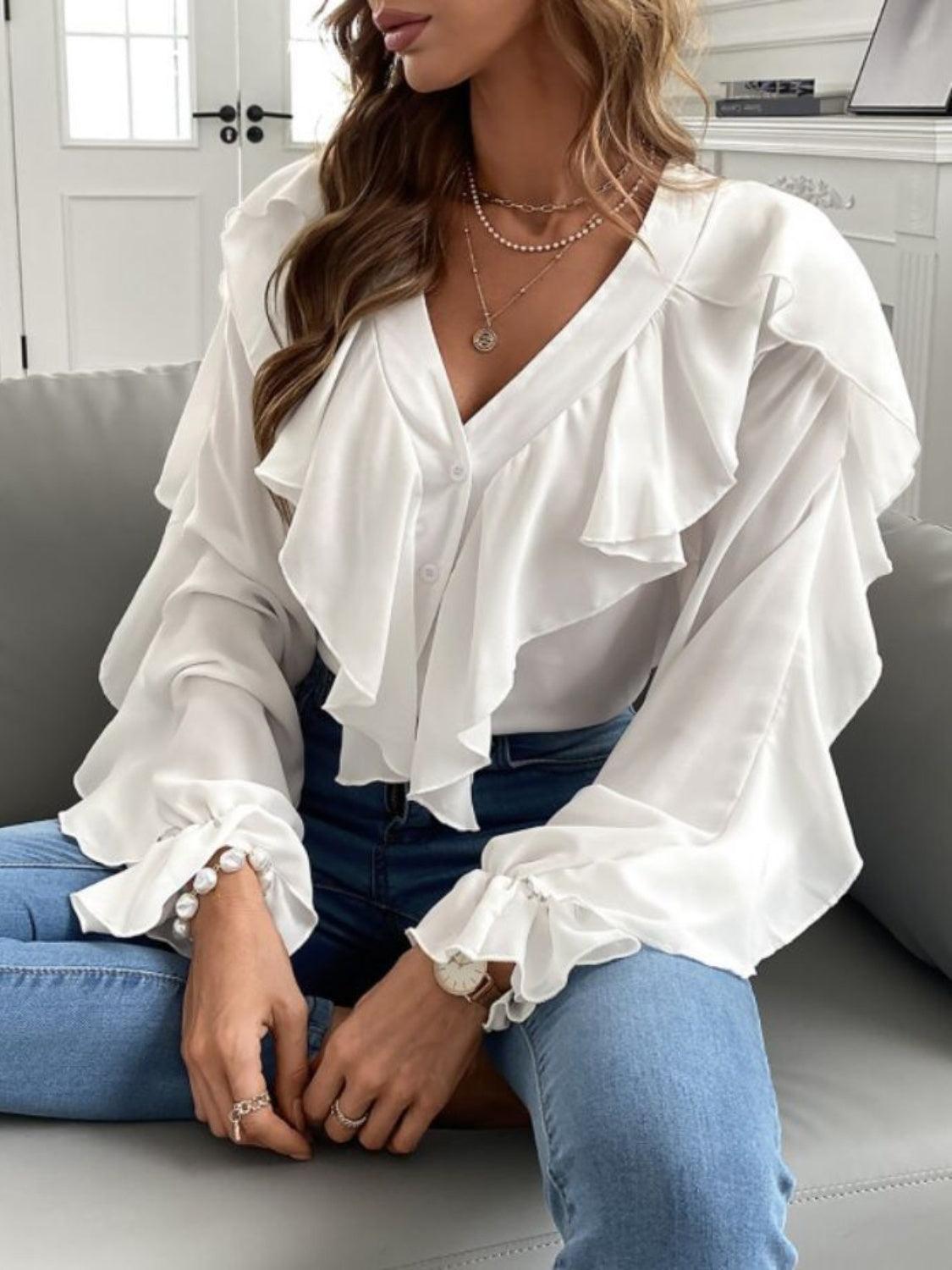 Full Size Ruffled V-Neck Button Down Flounce Sleeve Blouse - Trendy by Luna