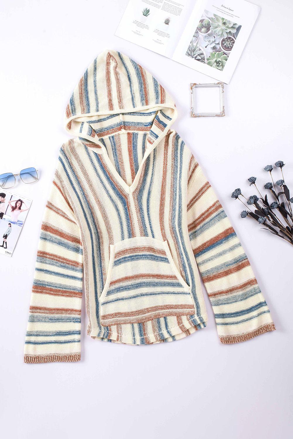 Contrast Striped Dropped Shoulder Hooded Knit Top - Trendy by Luna