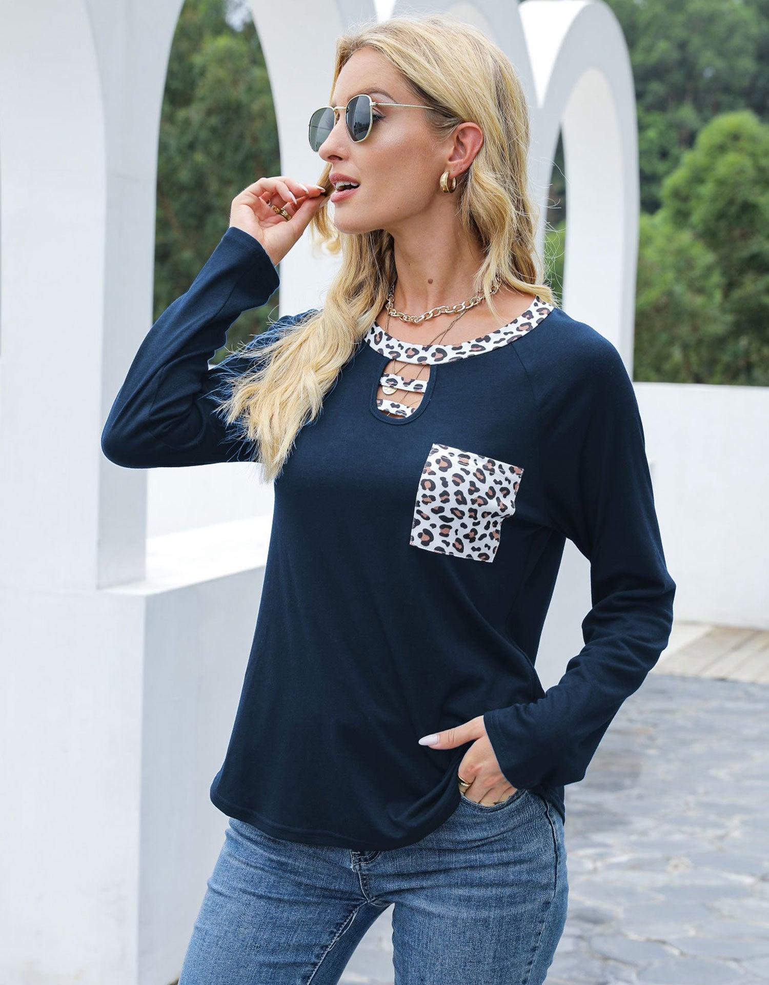 Cutout Leopard Round Neck Long Sleeve T-Shirt - Trendy by Luna