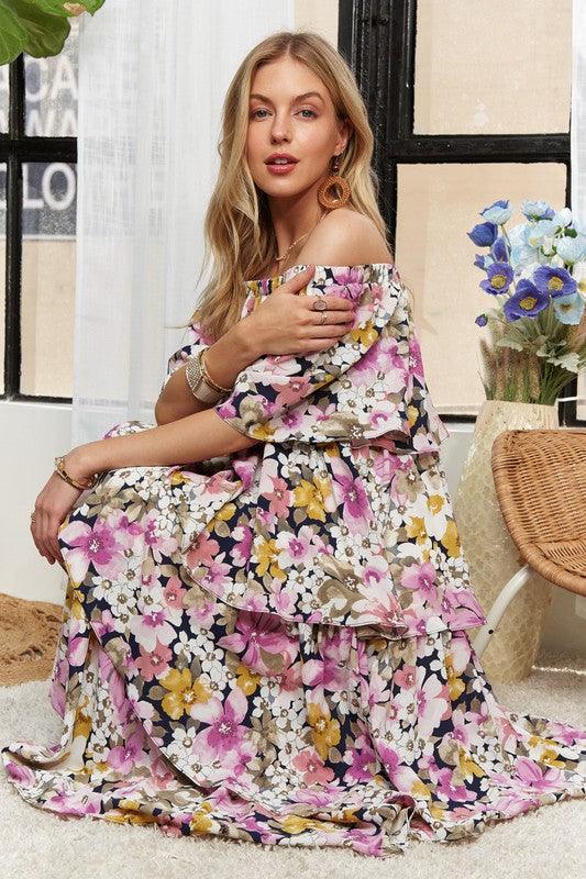 ADORA Layered Floral Off-Shoulder Short Sleeve Maxi Dress - Trendy by Luna