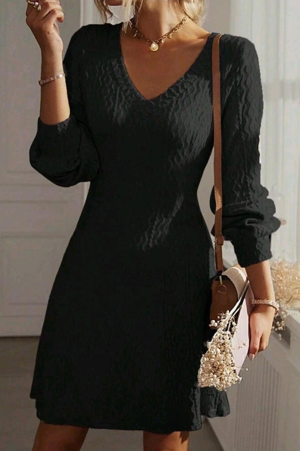 Texture V-Neck Long Sleeve Dress - Trendy by Luna