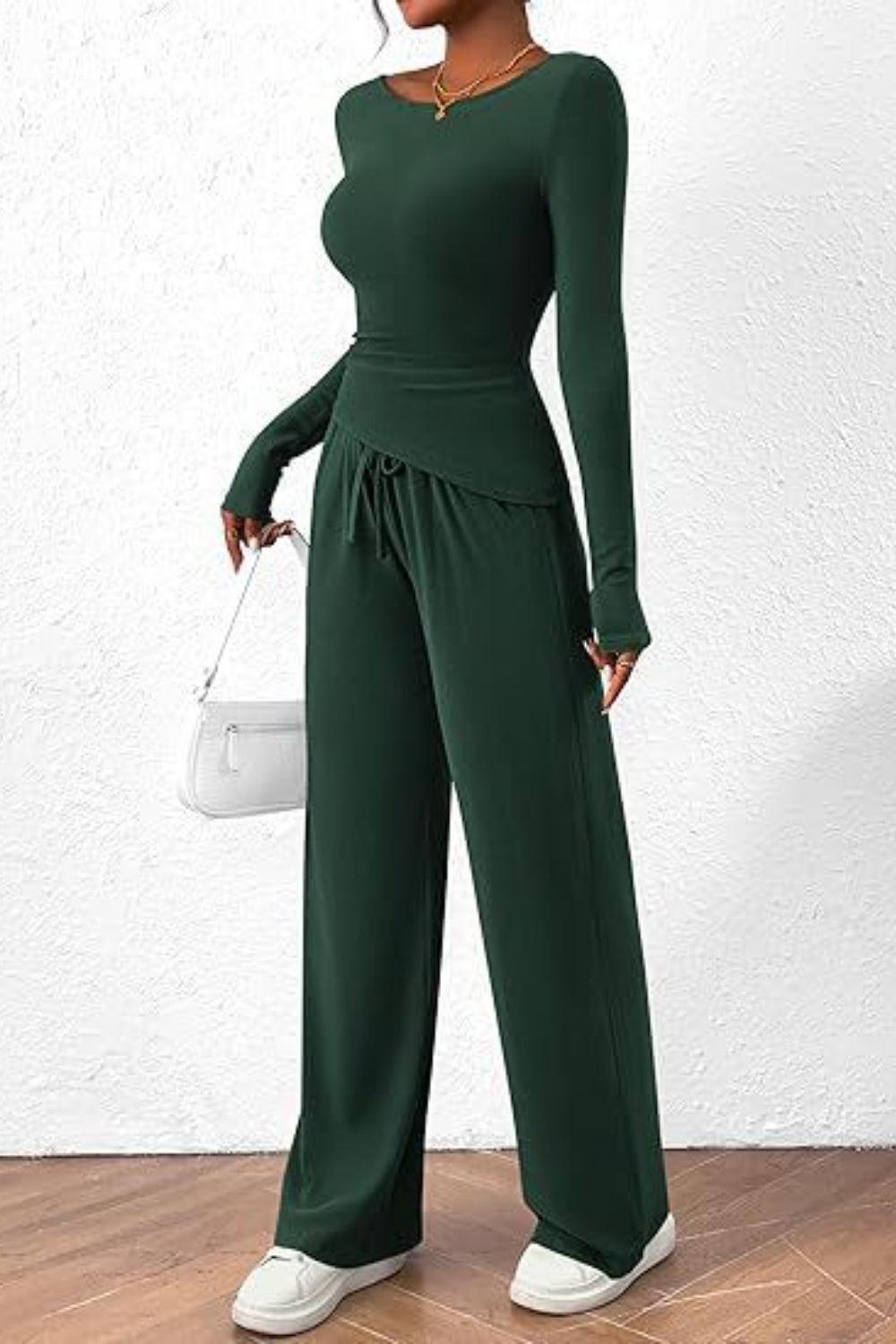 Round Neck Long Sleeve Top and Pants Set - Trendy by Luna