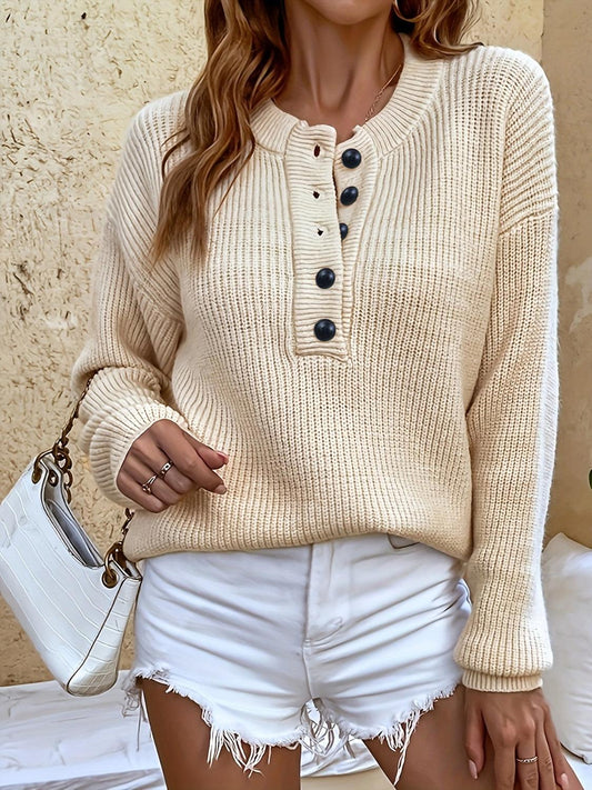 Half Button Dropped Shoulder Sweater - Trendy by Luna