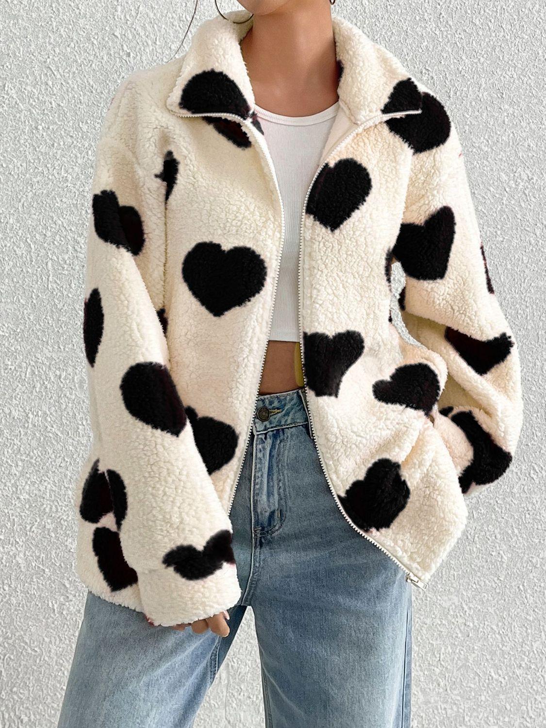 Heart Zip Up Drop Shoulder Furry Jacket - Trendy by Luna