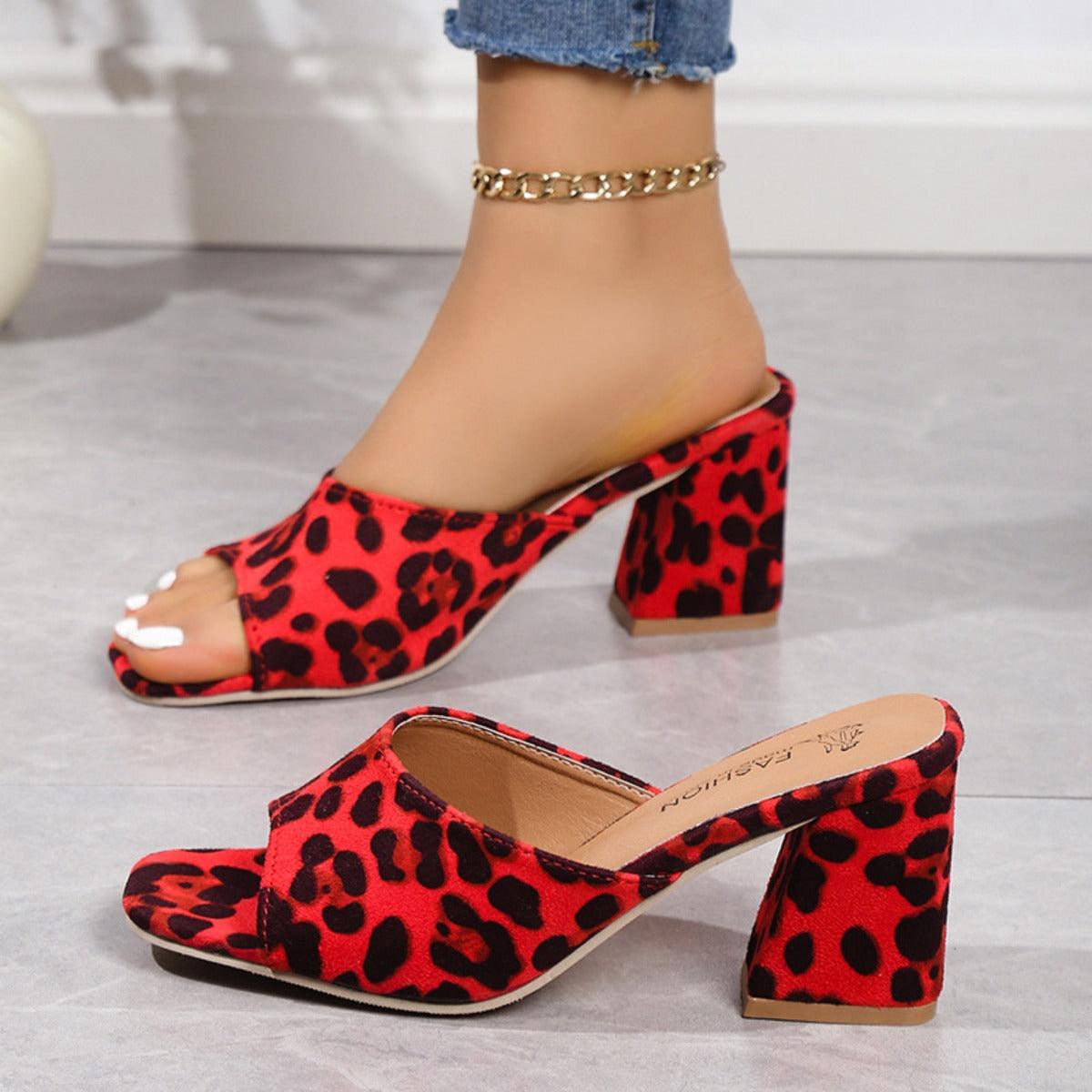 Leopard Block Heel Suede Sandals - Trendy by Luna