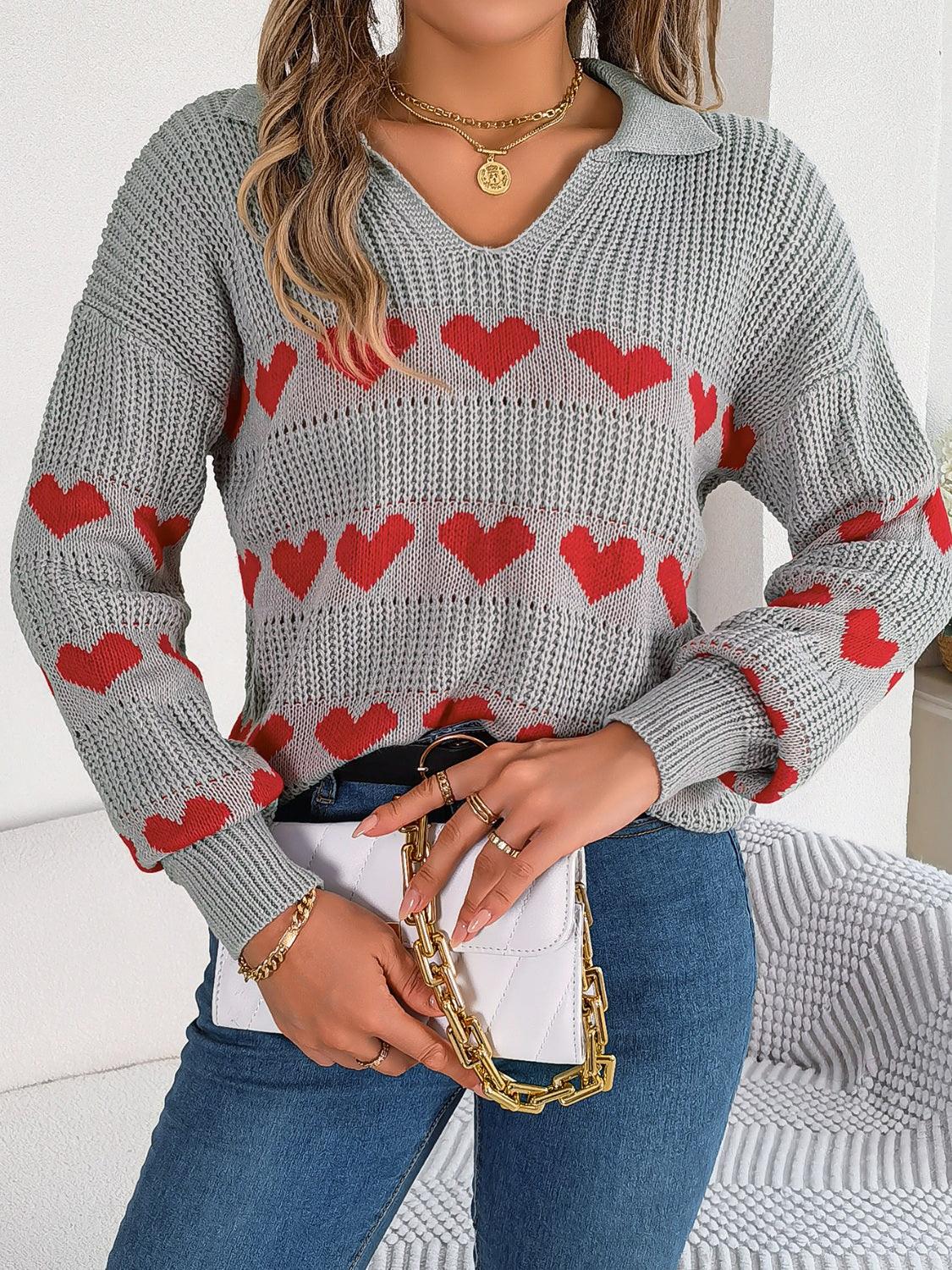 Heart Johnny Collar Long Sleeve Sweater - Trendy by Luna