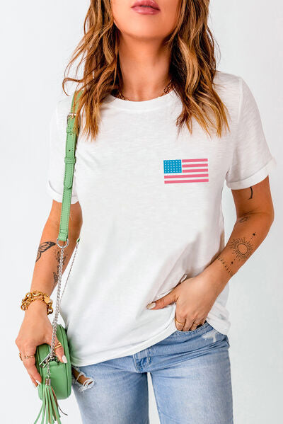 US Flag Round Neck Short Sleeve T-Shirt - Trendy by Luna