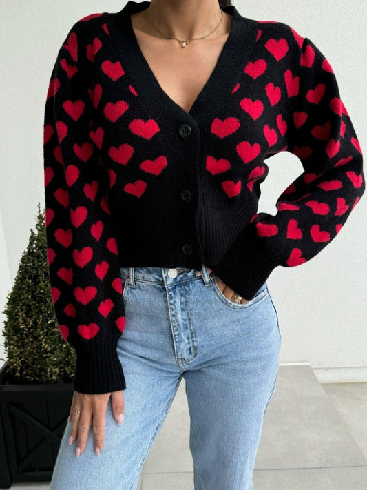 Valentine’s Day Heart V-Neck Cropped Cardigan - Trendy by Luna