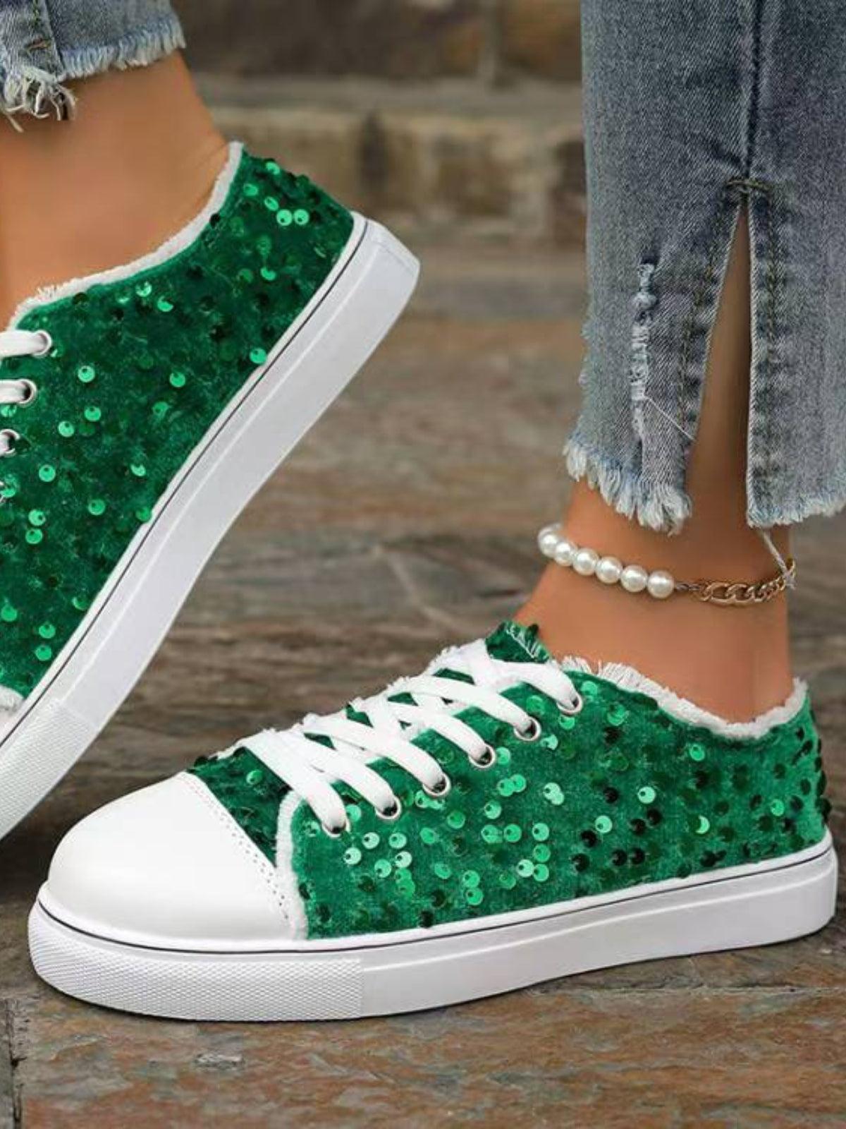 Sequin Round Toe Flat Sneakers - Trendy by Luna