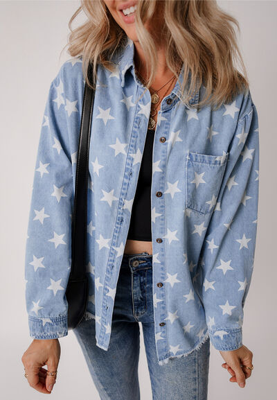 Raw Hem Star Collared Neck Denim Top - Trendy by Luna