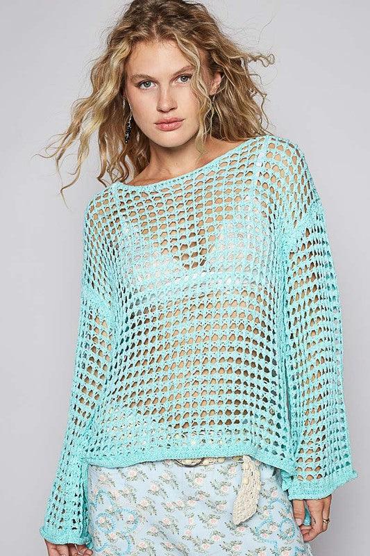 POL Side Slit Openwork Long Sleeve Knit Cover Up - Trendy by Luna