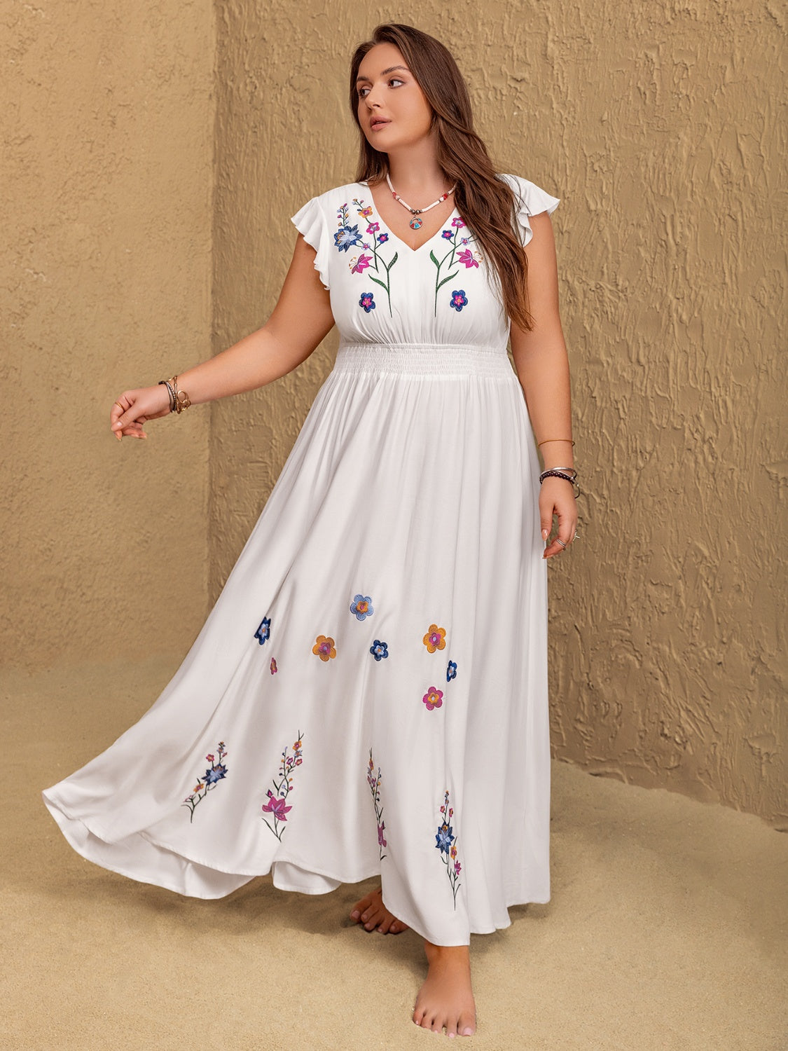 Plus Size Embroidered Floral V-Neck Cap Sleeve Maxi Dress - Trendy by Luna