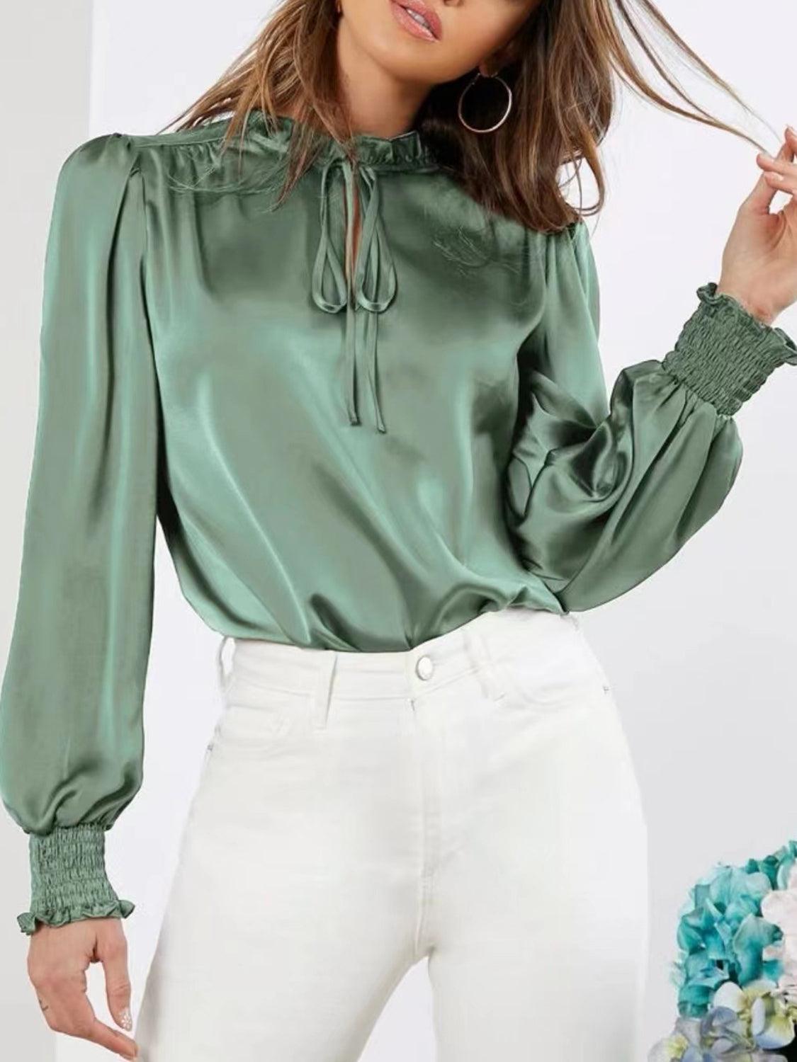 Frill Tied Lantern Sleeve Blouse - Trendy by Luna