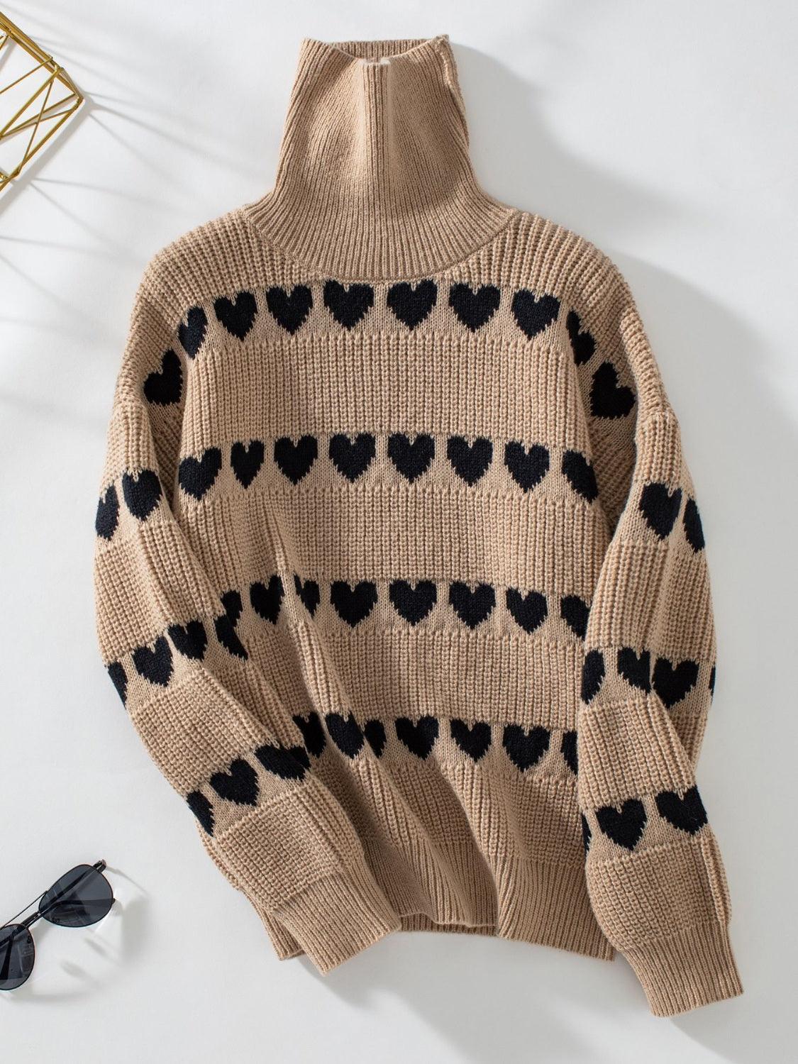 Heart Turtleneck Dropped Shoulder Sweater - Trendy by Luna