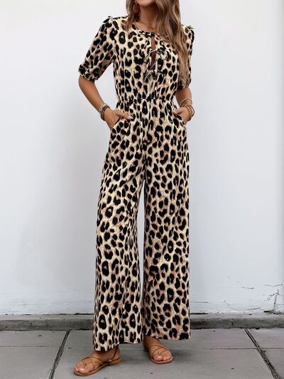 Perfee Tied Leopard Half Sleeve Jumpsuit - Trendy by Luna