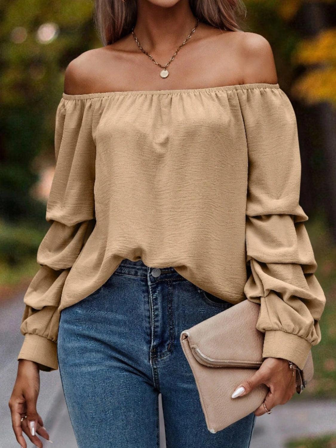 Ruched Off-Shoulder Long Sleeve Blouse - Trendy by Luna