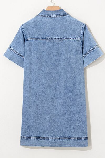 Short Sleeve Collared Patched Pocket Denim Mini Dress - Trendy by Luna