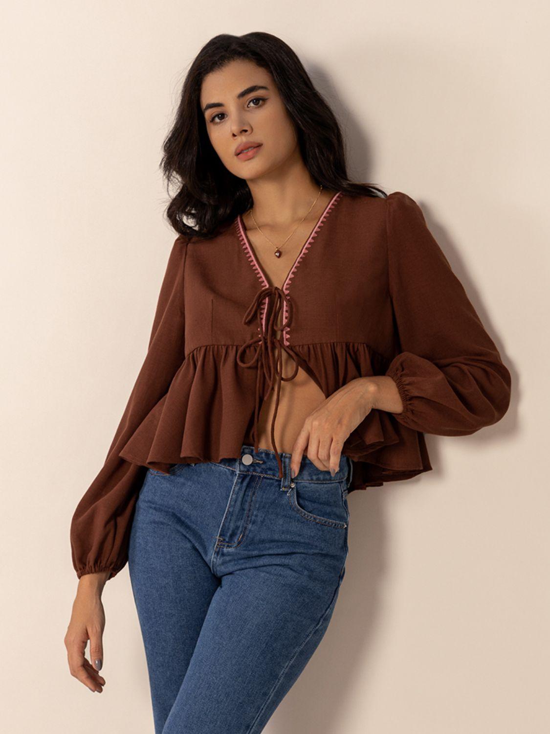 Peplum Tied V-Neck Long Sleeve Blouse - Trendy by Luna