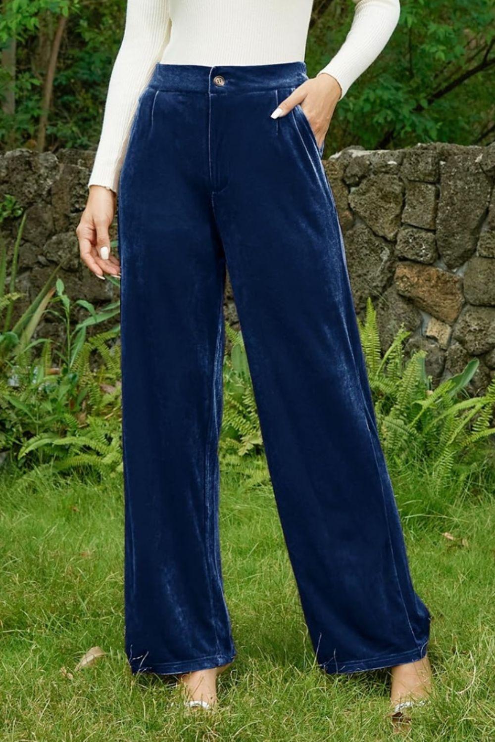 Velvet Wide Leg Pants with Pockets - Trendy by Luna