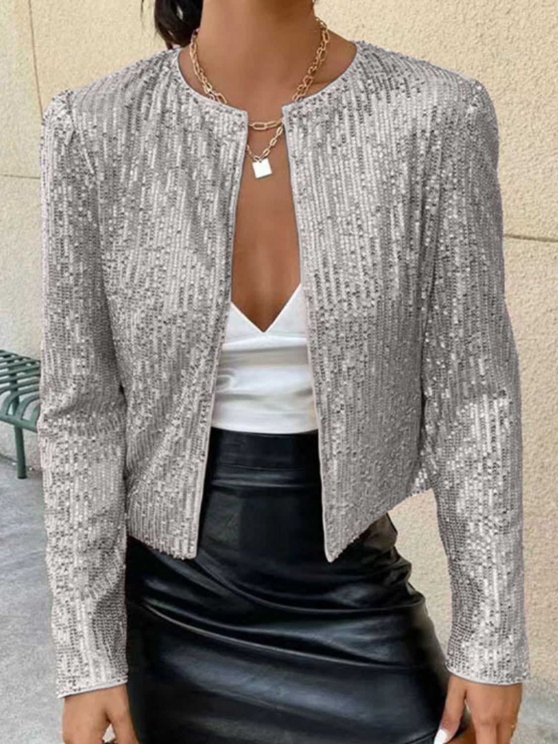 Full Size Sequin Open Front Cropped Jacket - Trendy by Luna