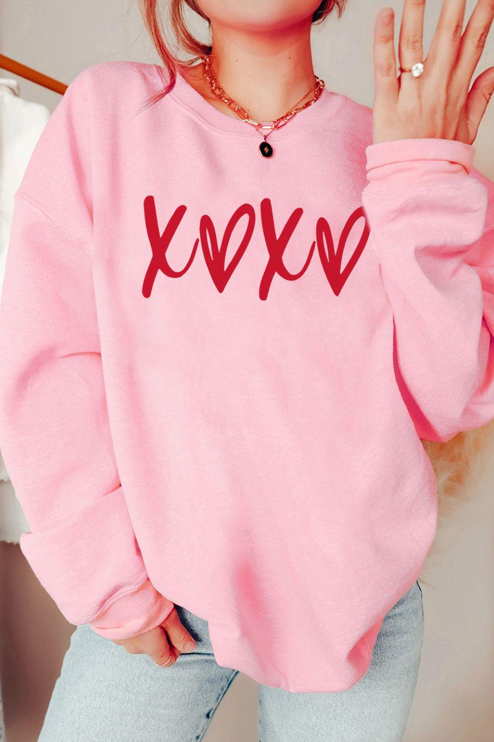 Valentine’s Day XOXO Round Neck Drop Shoulder Sweatshirt - Trendy by Luna