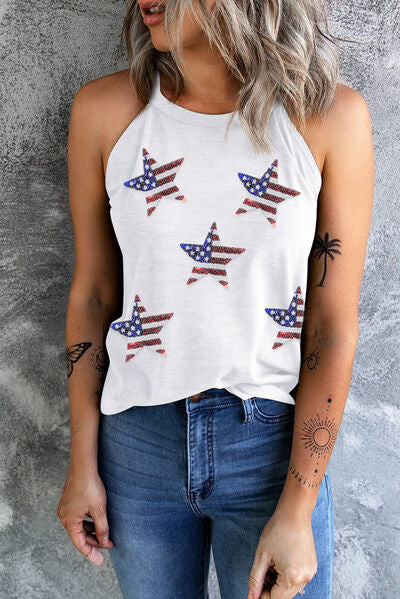 Sequin US Flag Star Grecian Neck Tank - Trendy by Luna