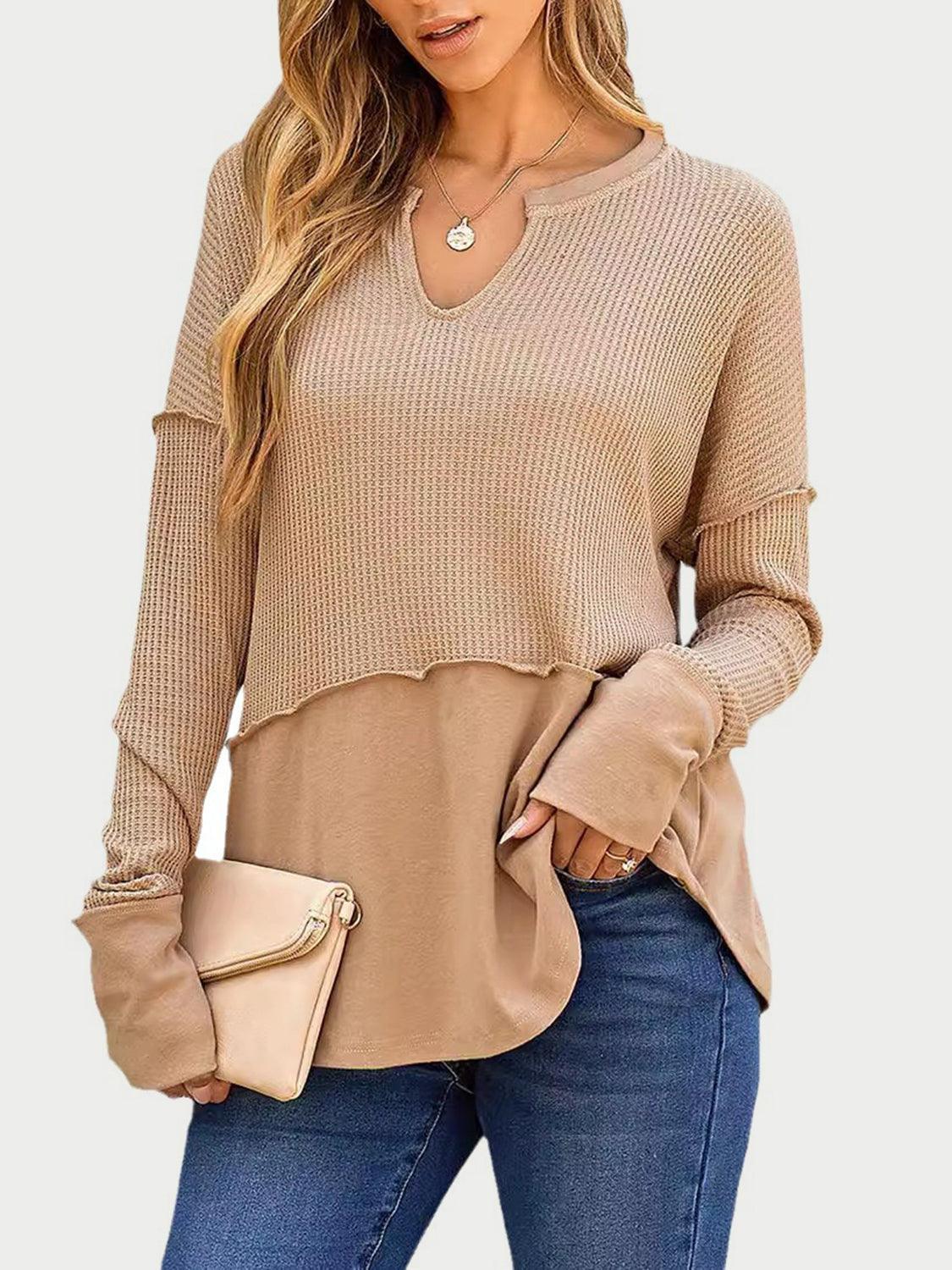 Waffle-Knit Notched Long Sleeve T-Shirt - Trendy by Luna