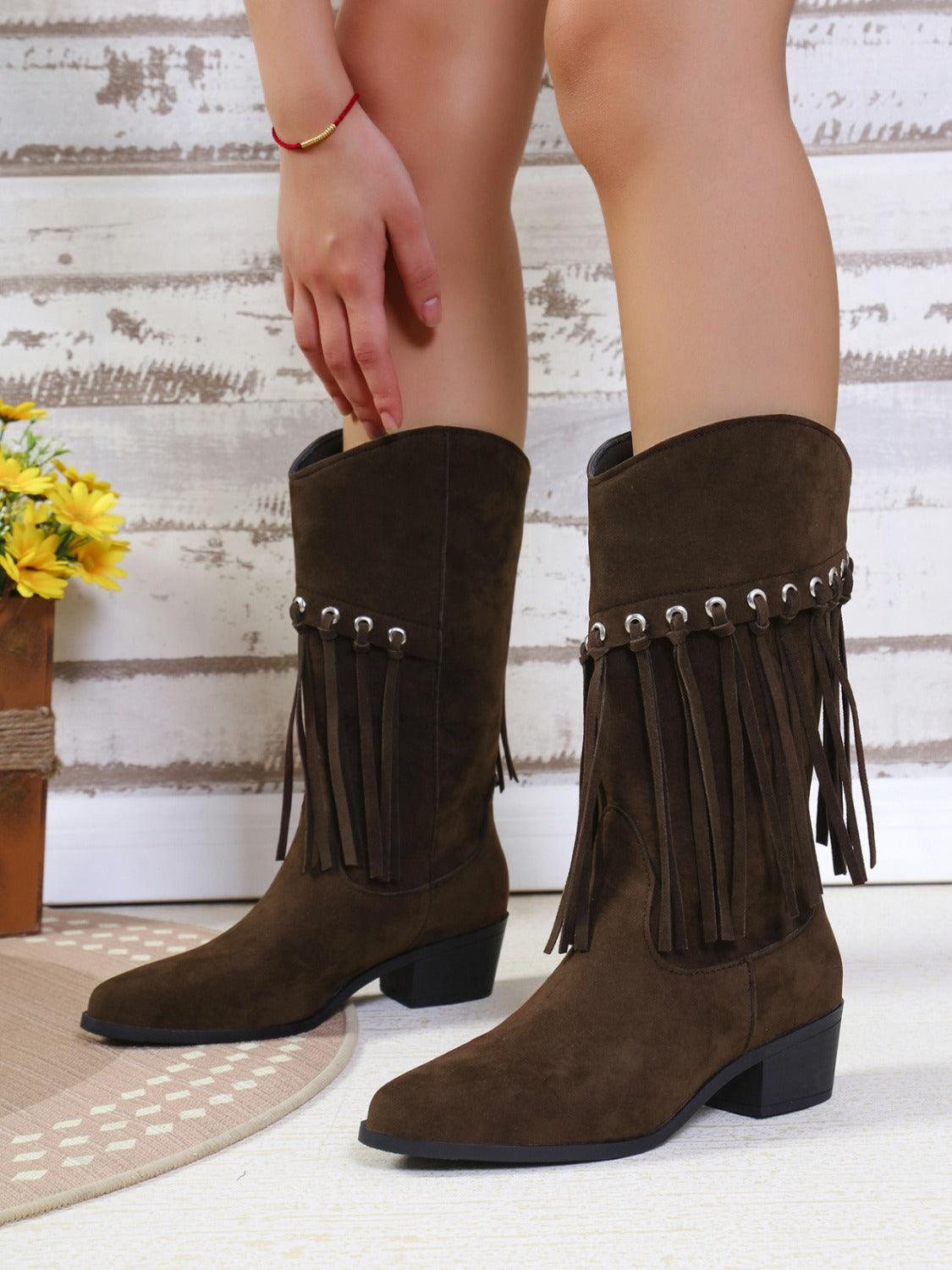 Fringe Suede Point Toe Block Heel Boots - Trendy by Luna