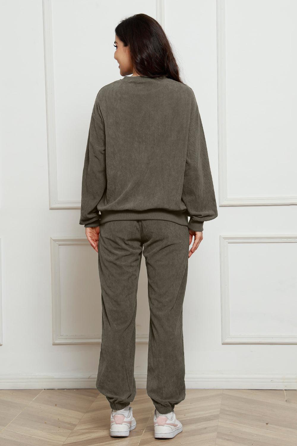 Corduroy Round Neck Sweatshirt and Sweatpants Set - Trendy by Luna