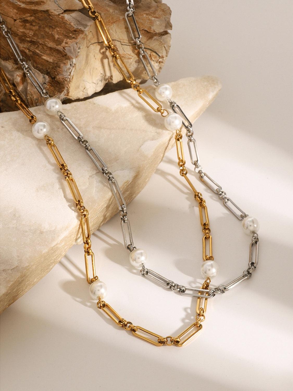 Stainless Steel Pearl Chain Necklace - Trendy by Luna