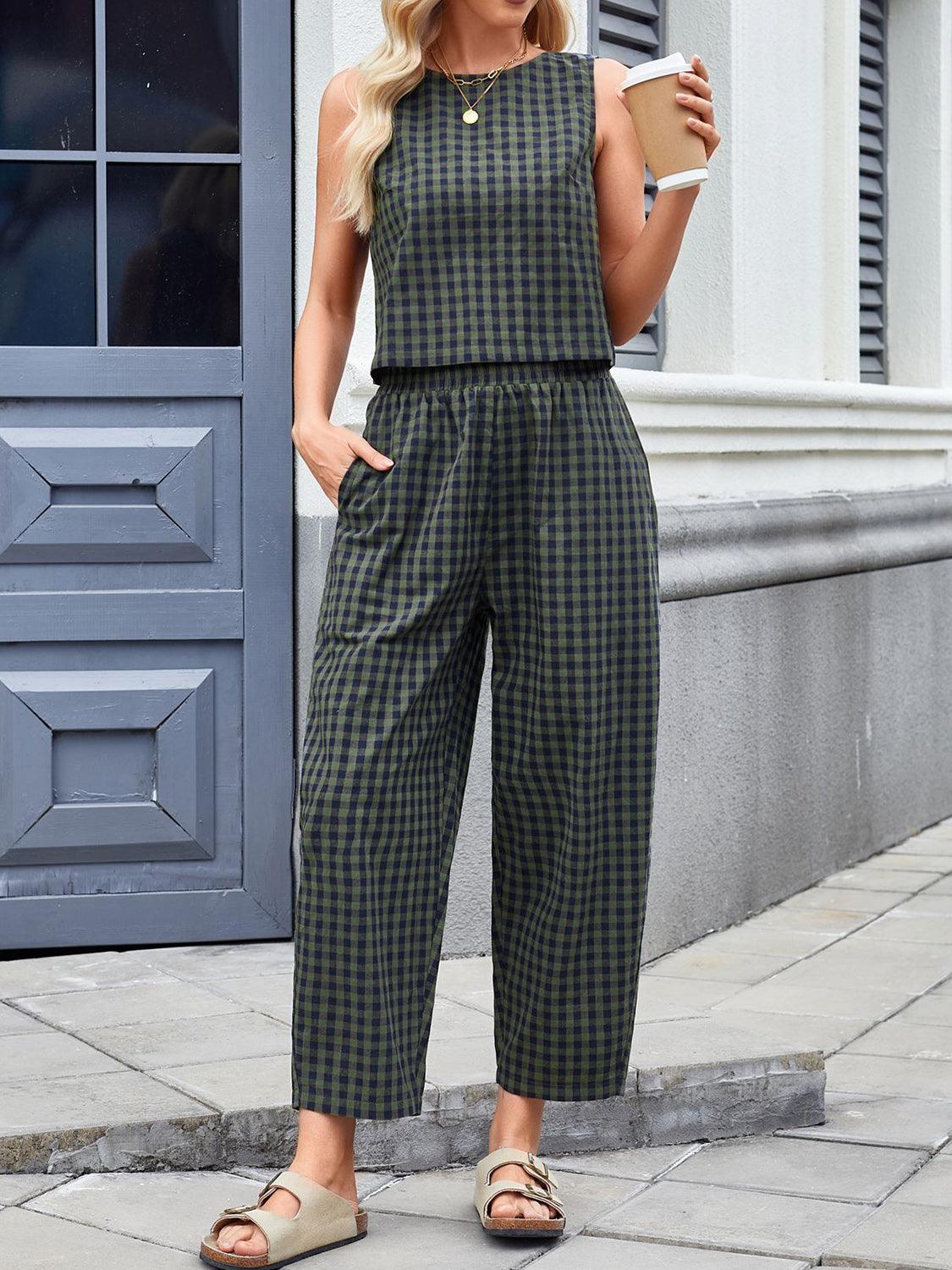 Lovelet Plaid Round Neck Sleeveless Top and Pants Set - Trendy by Luna